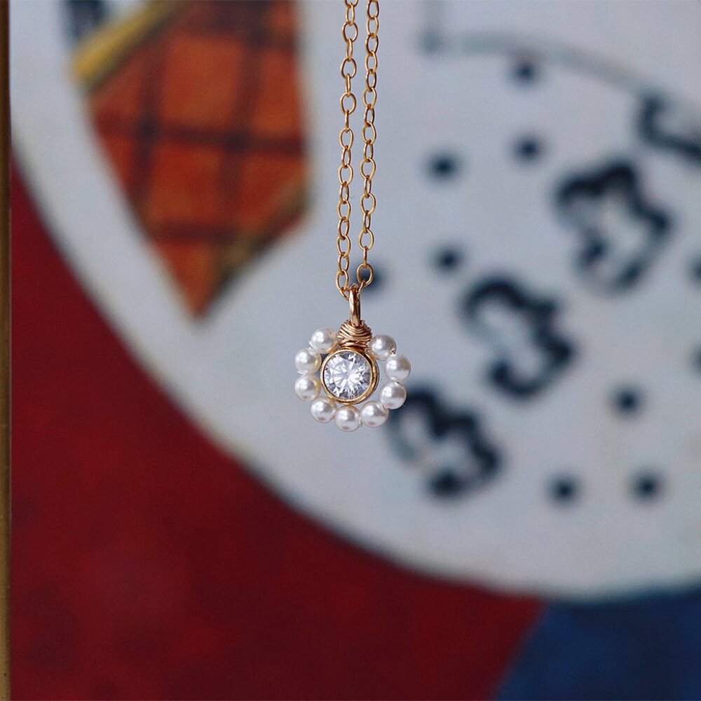 14k Gold Swarovski Pearl Atom Necklace